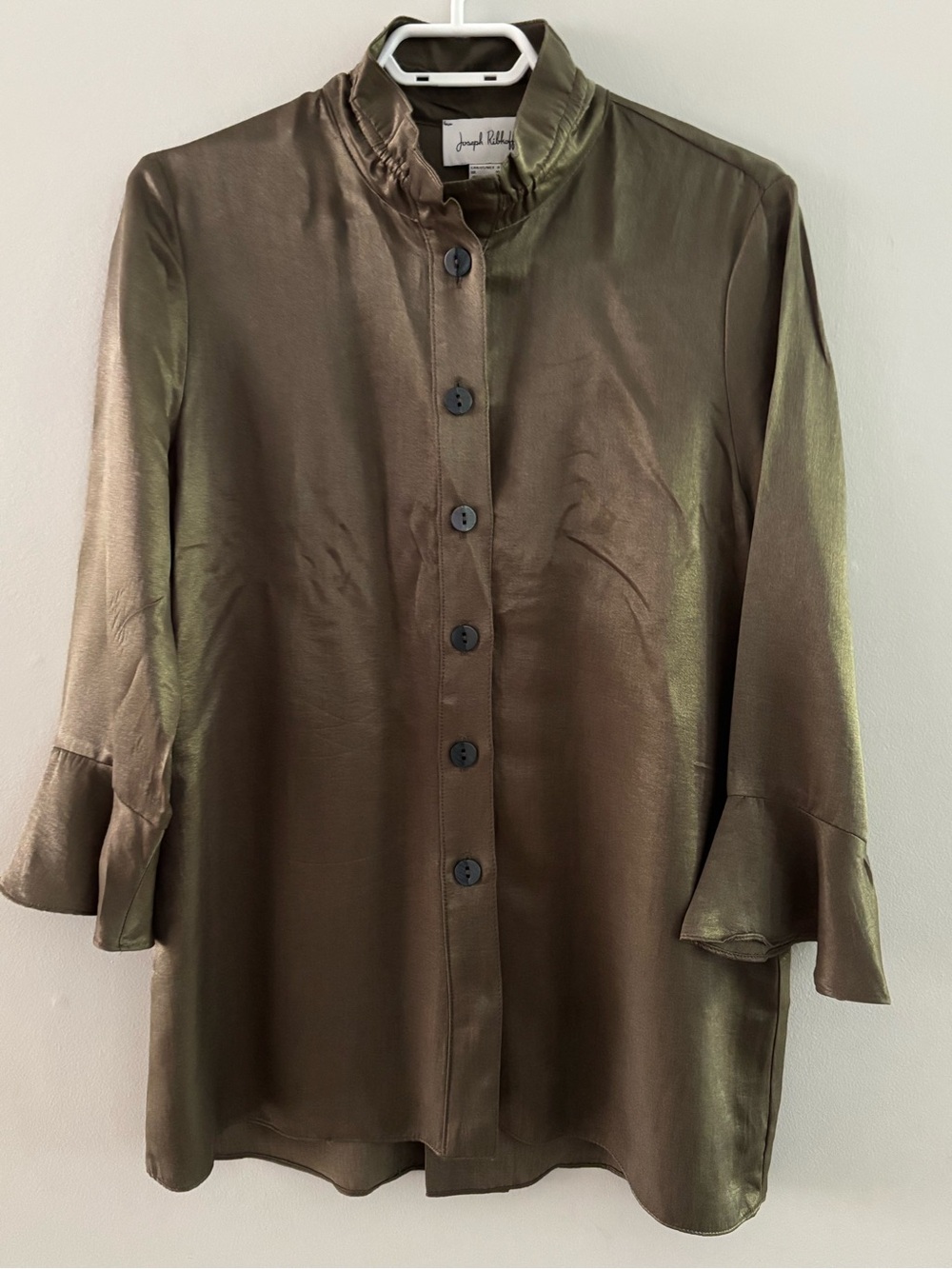 Joseph Ribkoff High Neck Flare Sleeve Satin Blouse Olive Green Size 8